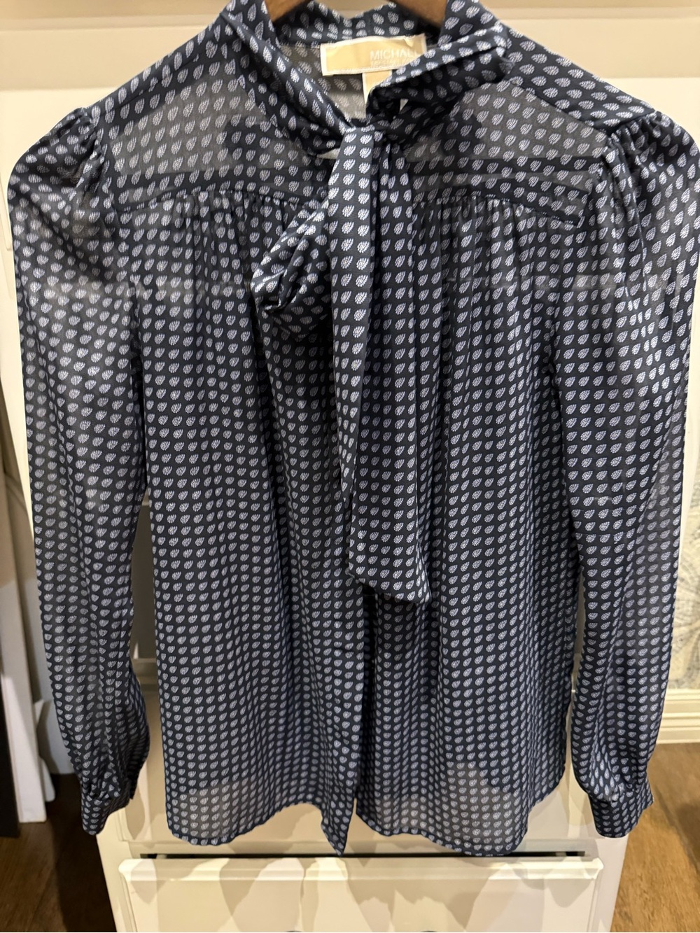 Michael Kors Navy Printed Tie-Neck Blouse